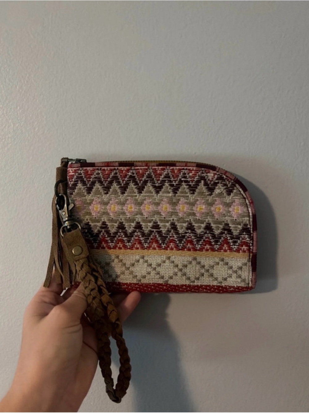 Noonday Collection Maroon & Brown Woven Wristlet Clutch